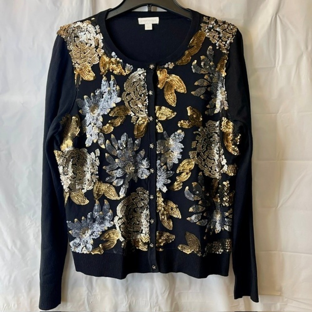 Charter Club Black Gold Silver Sequin Floral Cardigan Sweater Sparkle Glam Sz L